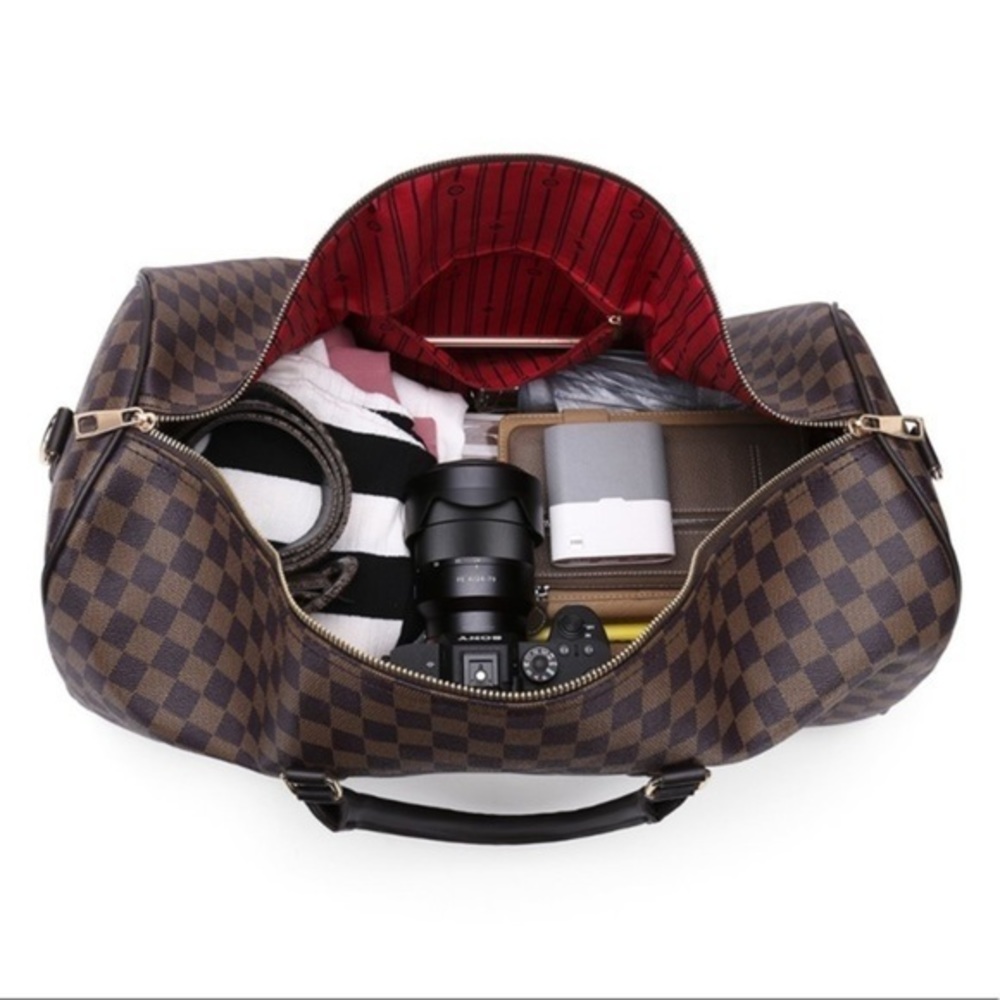 Brown Check Travel Duffel Bag - Classic Checkerboard Carryall - Picture 2 of 7